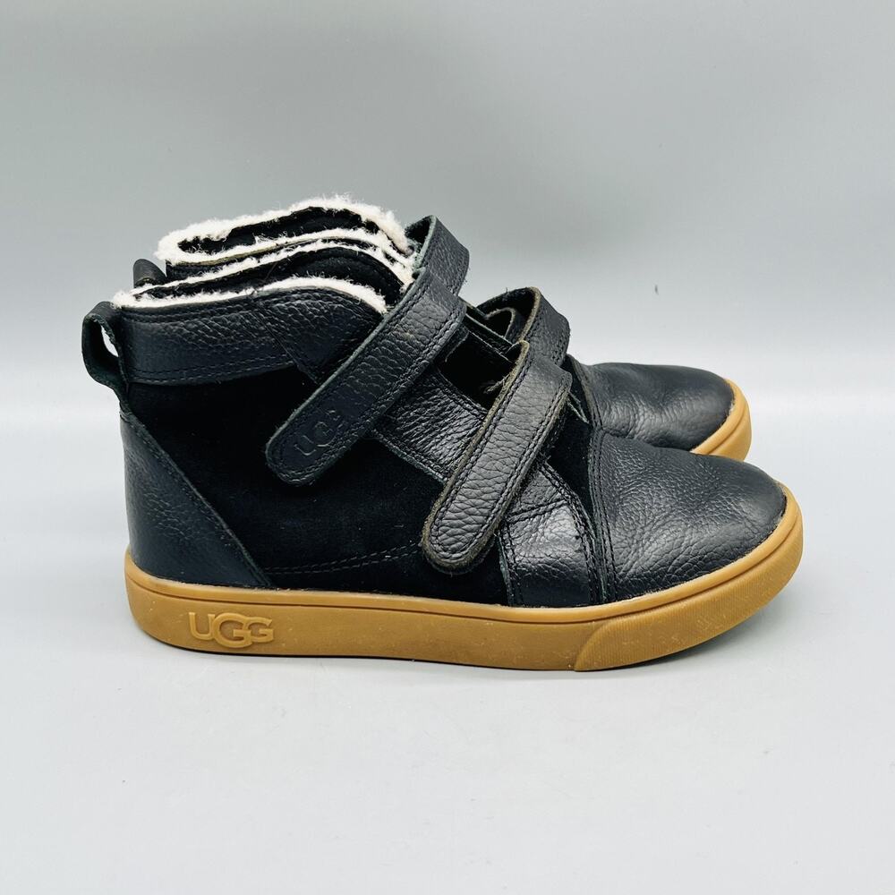UGG Boots Boys 12 Black Leather Rennon II Hook & Loop High Top Shoes Winter